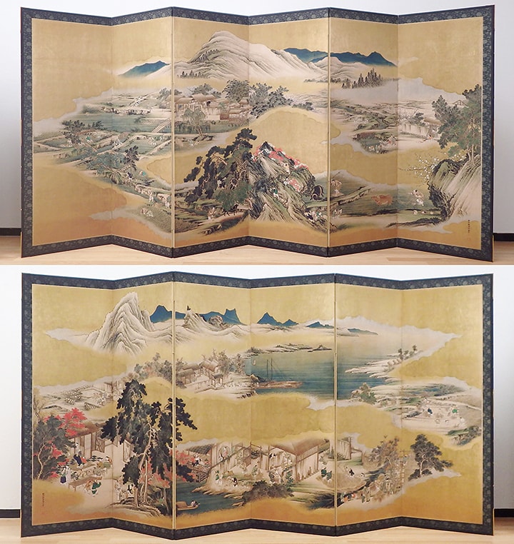 画像:屏風《四季耕作図屏風》(狩野永岳) 六曲一双