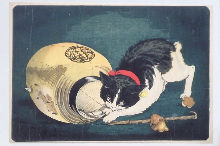 画像:木版画《猫と提燈》(小林清親)