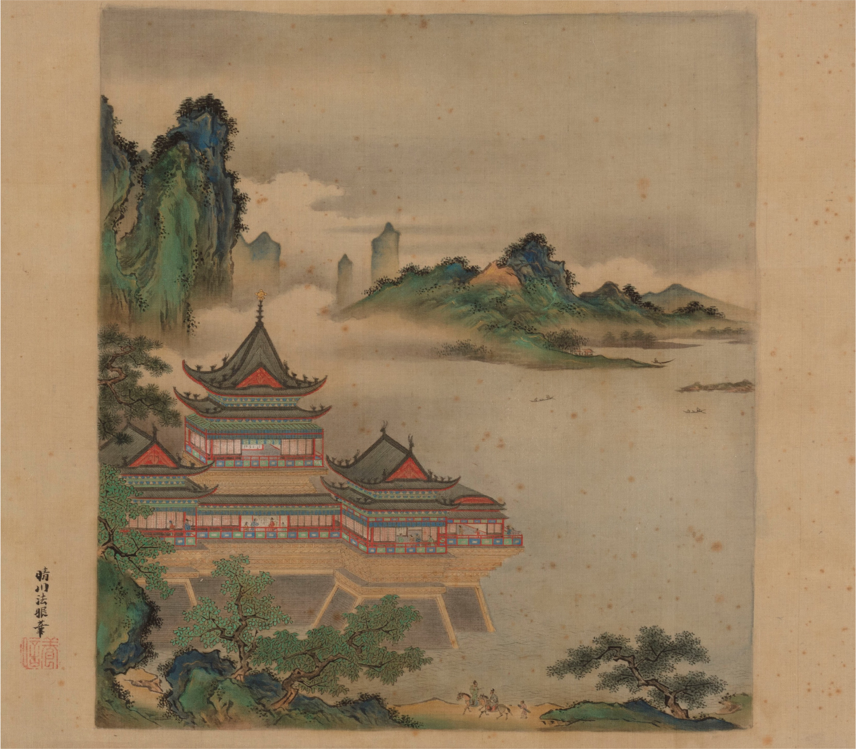 画像:狩野栄信・養信 唐画流書手鑑より 狩野養信 《(倣夏永)楼閣山水図》