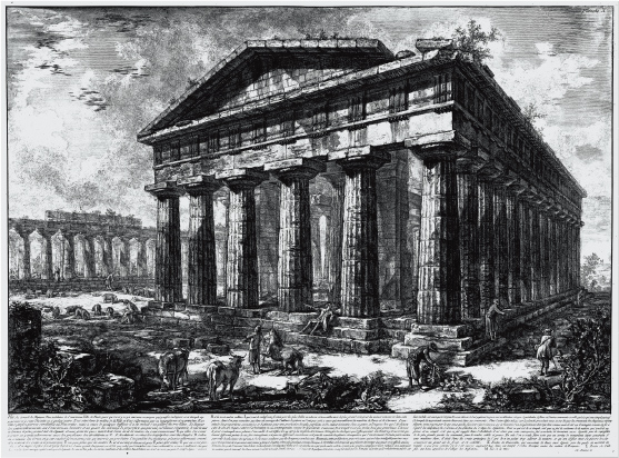 画像:ジョヴァンニ・バッティスタ・ピラネージ、フランチェスコ・ピラネージ 『パエストゥムの古代遺跡の景観』より「(10)パエストゥムのポセイドン神殿」 1778年